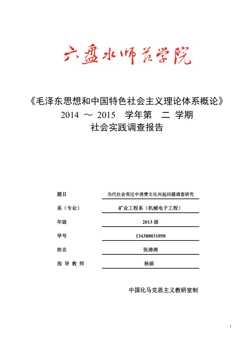 毛概社会实践调查报告：当代社会变迁中消费文化兴起问题调查研究.doc_第1页