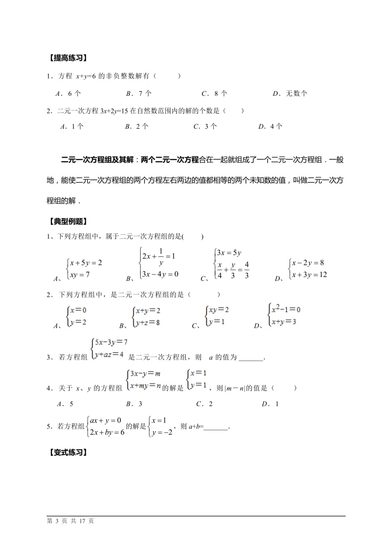 初二数学 (二元一次方程组专题复习).doc_第3页