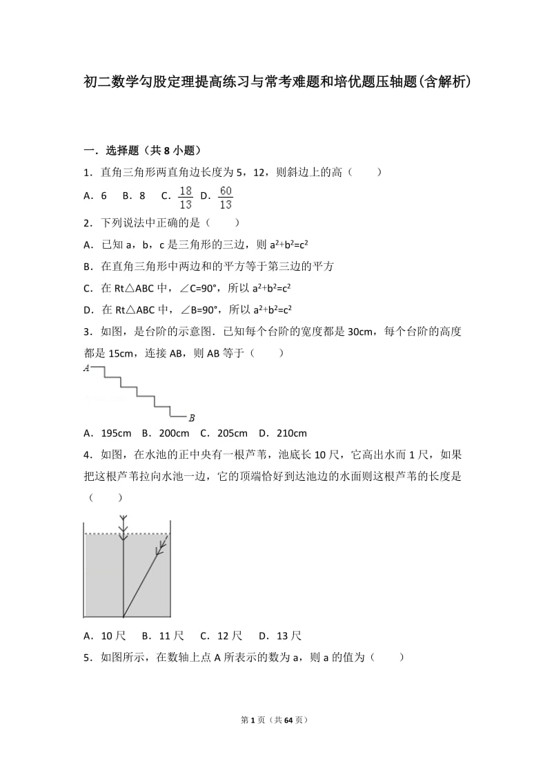 初二数学勾股定理提高练习与常考难题和培优题压轴题(含解析) .doc_第1页