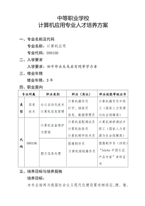 中等職業(yè)學(xué)校計算機應(yīng)用專業(yè)人才培養(yǎng)方案.doc