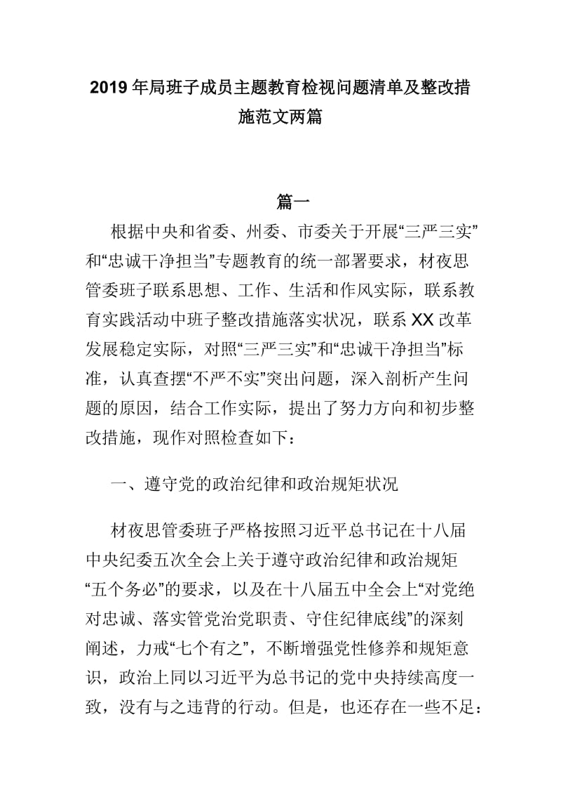 2019年局班子成员主题教育检视问题清单及整改措施范文两篇_第1页