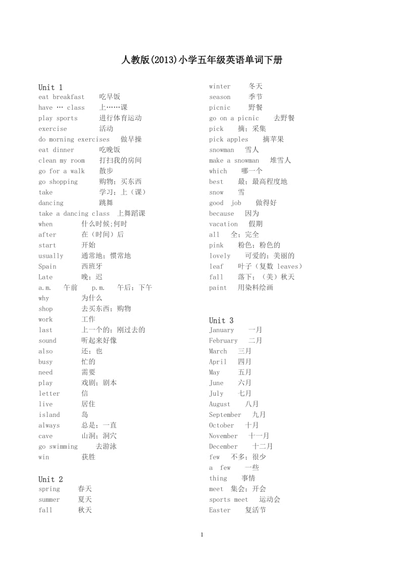 人教版-小学五年级英语单词表下册_第1页