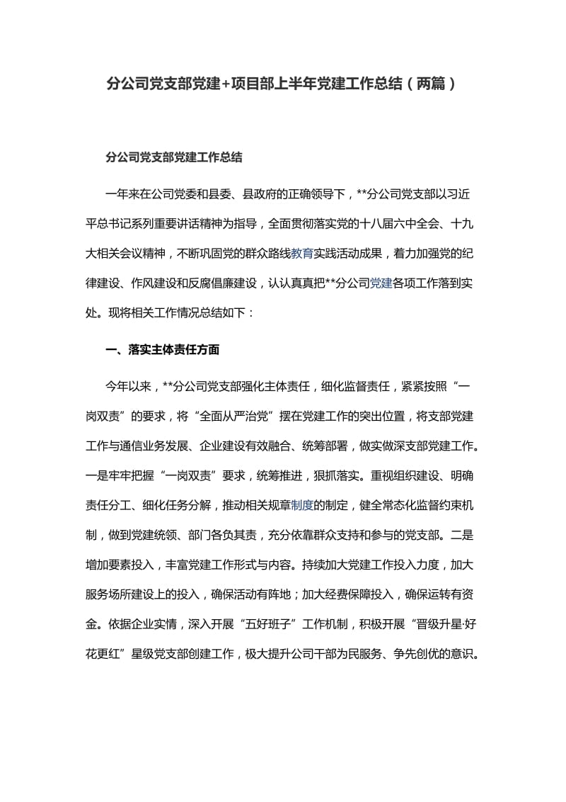 分公司党支部党建+项目部上半年党建工作总结（两篇）_第1页