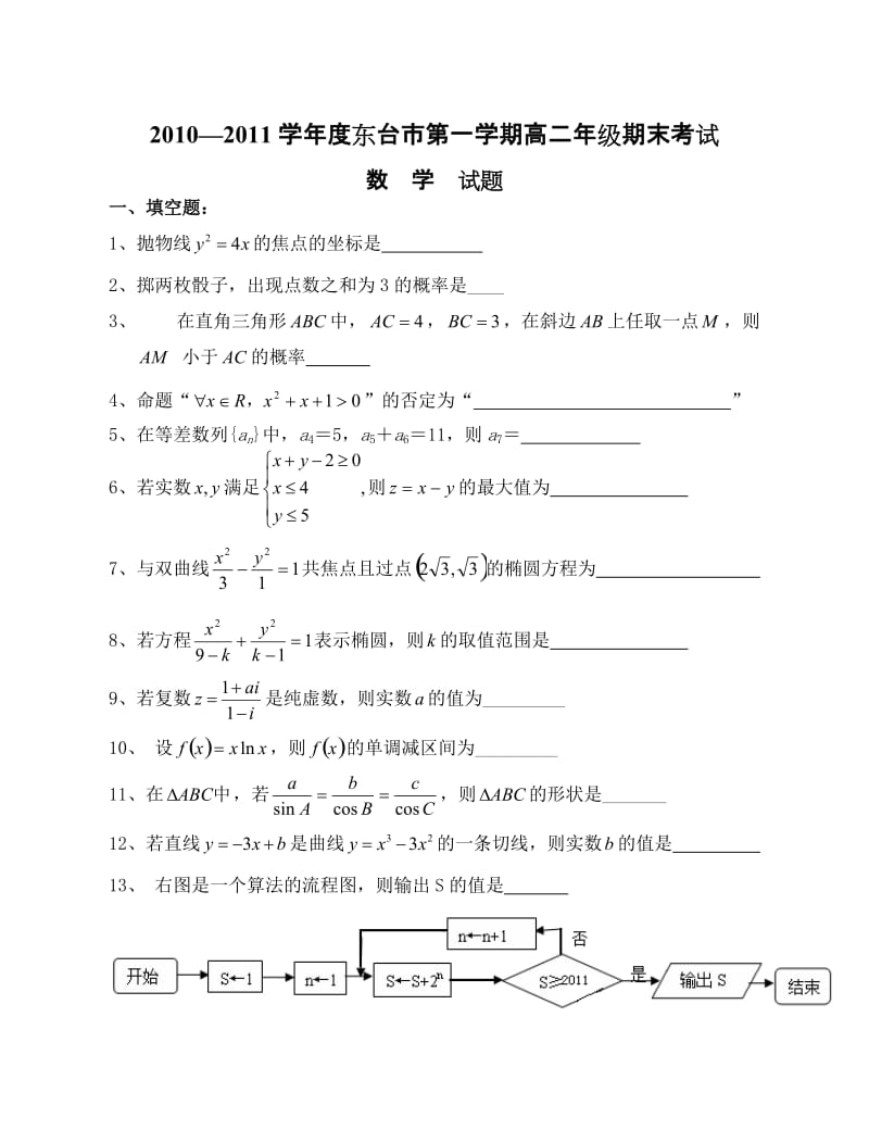 2010-2011年东台市高二期末数学试题及答案.doc_第1页