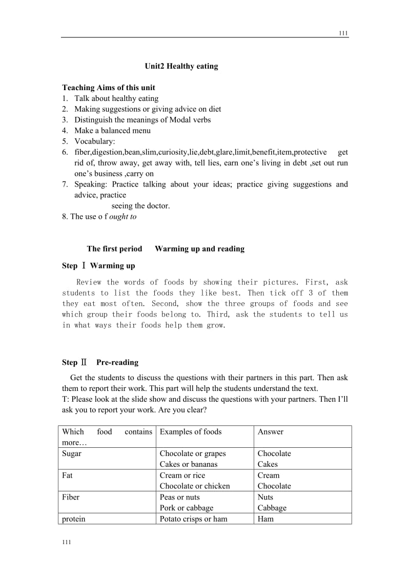 Unit 2《Healthy Eating》introduction,reading and vocab教案11（人教版必修3）_第1页