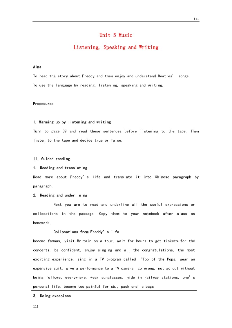 Unit 5《Music》Listening,Speaking and Writing教案12（人教版必修2）_第1页