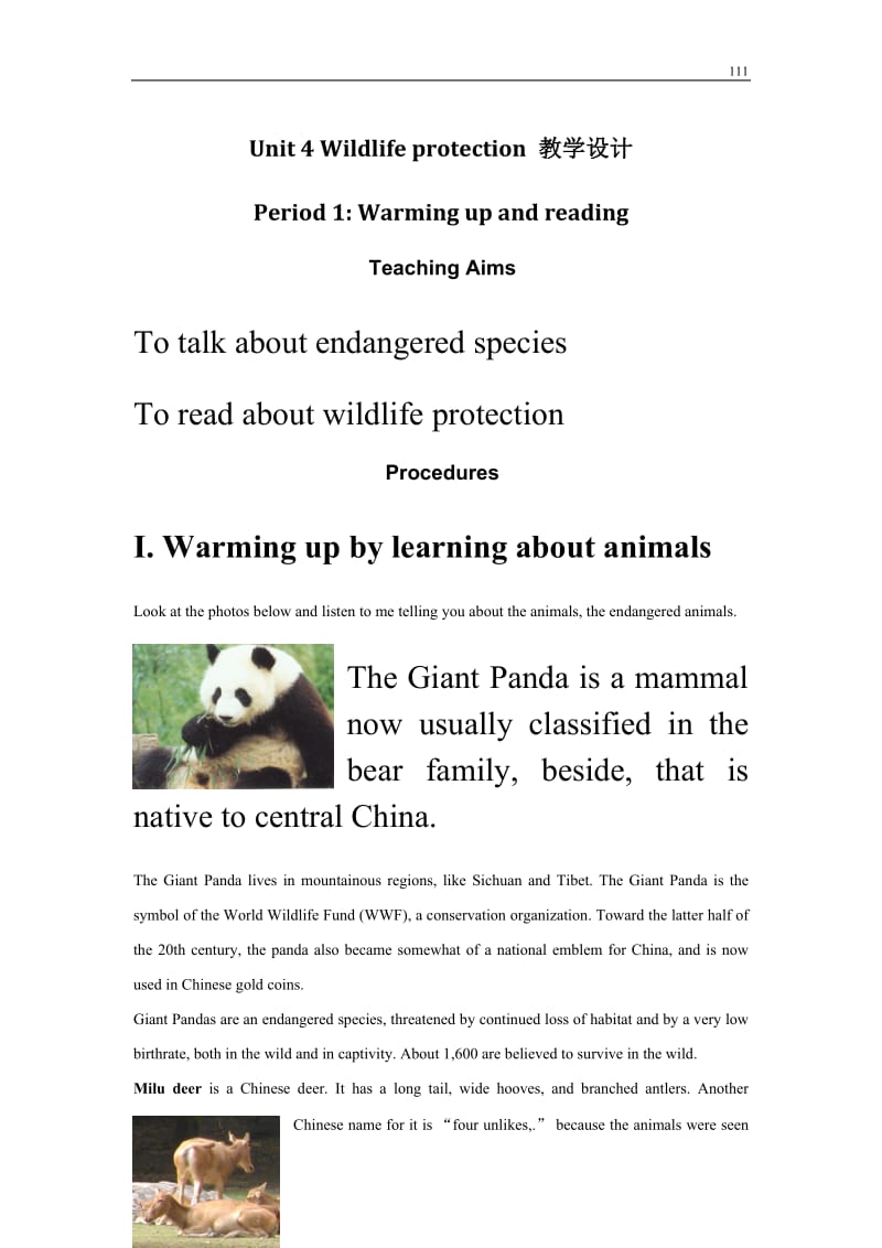 Unit 4《Wildlife protection》Warming up and Reading教案9（人教版必修2）_第1页