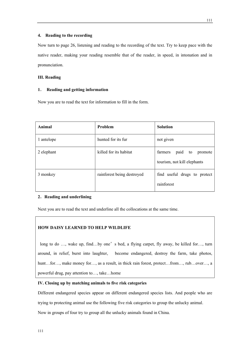 Unit 4《Wildlife protection》Warming up and Reading教案9（人教版必修2）_第3页