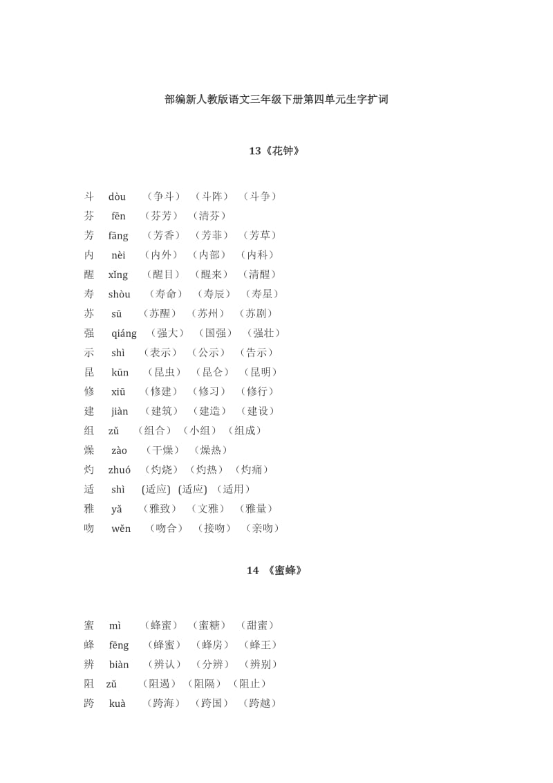 部编三年级语文下册第四单元写字识字生字扩词_第1页