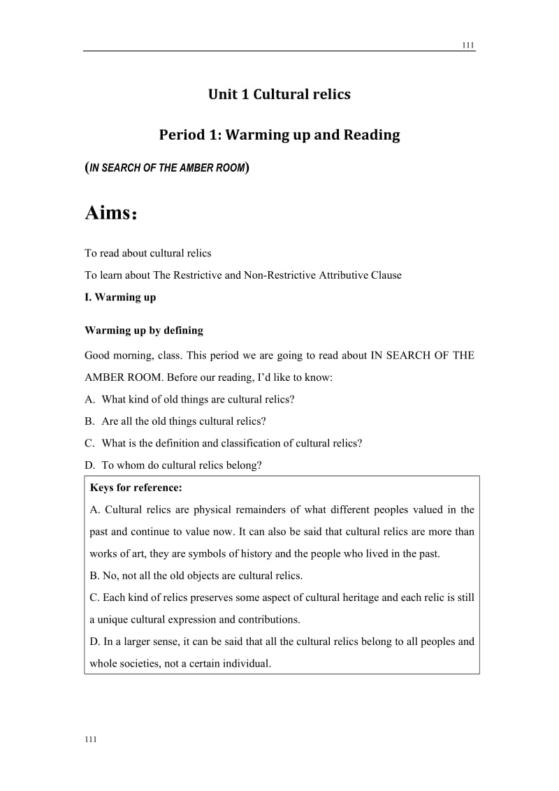 Unit 1《Cultural relics》Warming up and Reading教案10（人教版必修2）_第1页