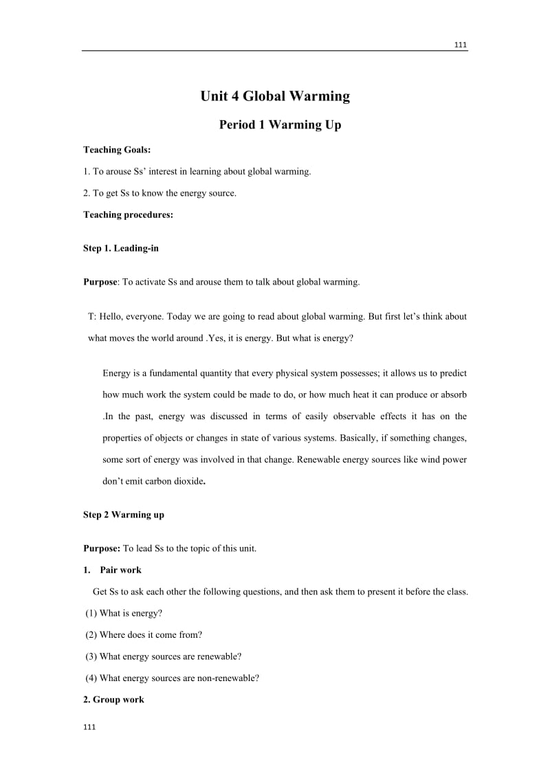 Unit 4 《Global Warming 》教案43（新人教版选修6）_第1页