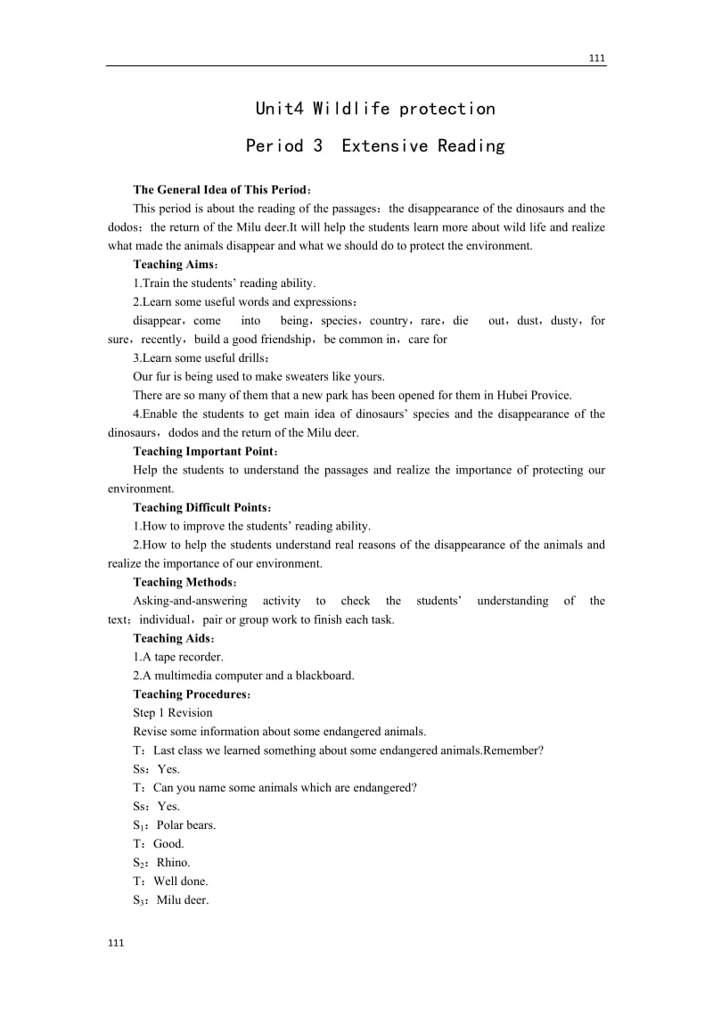 Unit 4《Wildlife protection》Period2 Extensive Reading教案12（人教版必修2）_第1页