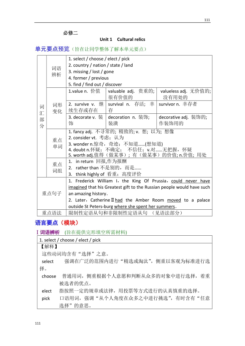 人教版高中英语必修二Unit 1《Cultural relics》同步教学复习学案_第1页