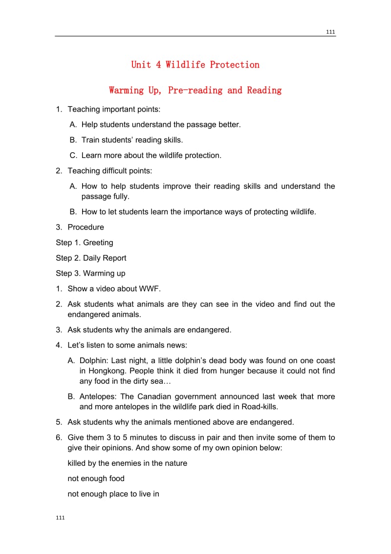 Unit 4《Wildlife protection》Warming Up,Pre-reading and Reading教案10（人教版必修2）_第1页