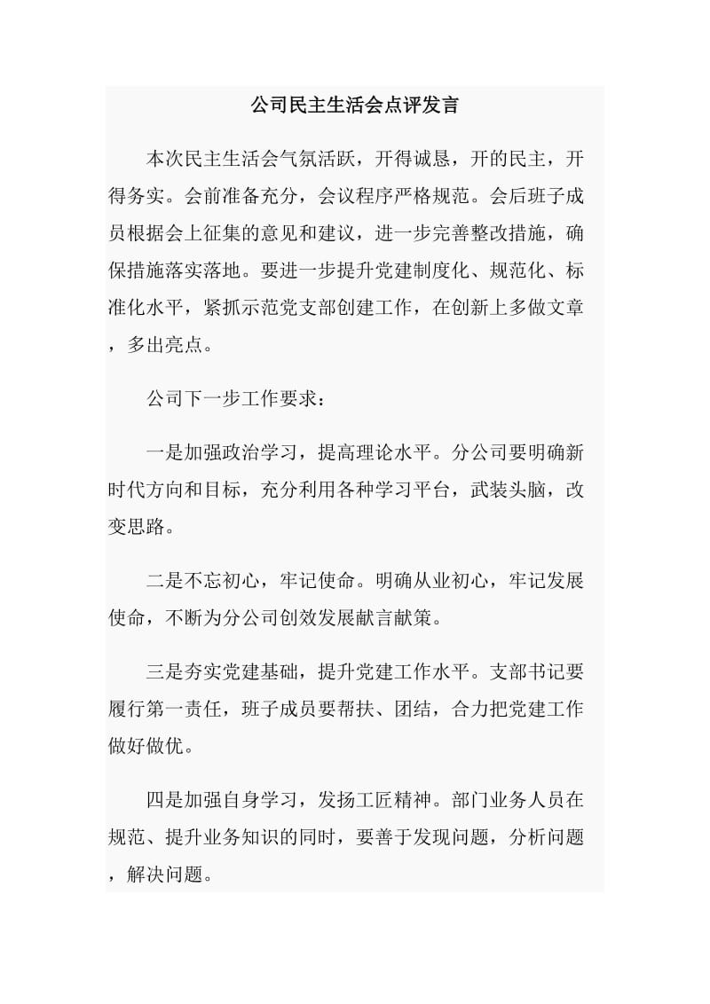 公司民主生活会点评发言_第1页