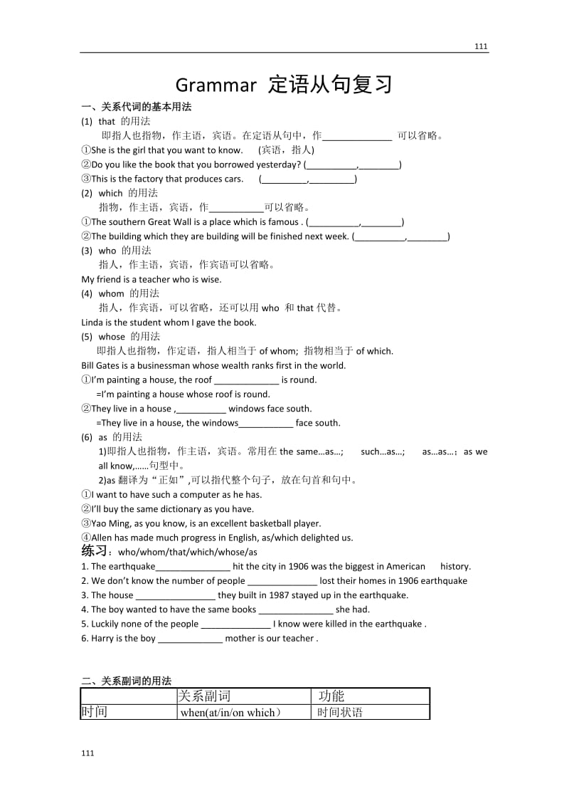 高二英语人教版选修7Unit4《Sharing》Grammar 定语从句复习_第1页