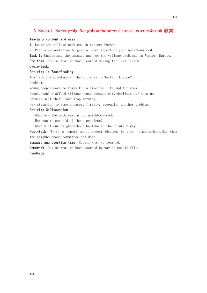 高中英语 Module4《A Social Survey—My Neighbourhood》cultural corner and task教案5 外研版必修1_第1页