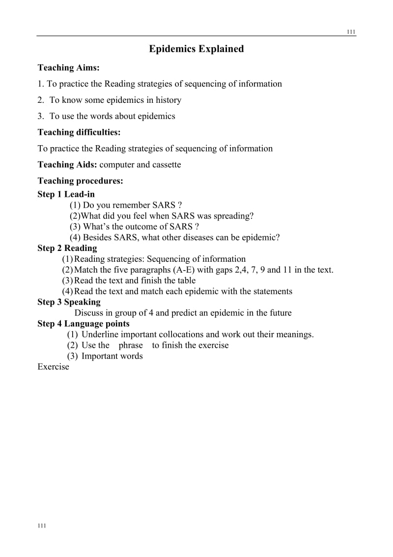 英语北师大版选修7 Unit21 Lesson 3 《Epidemics Explained》 3教案_第1页