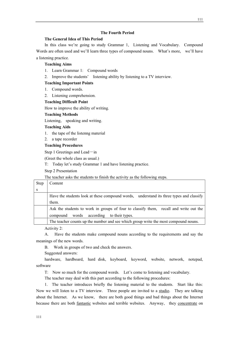 英语外研版必修1 Module6《The Internet and Telecommunications》教案4th period_第1页