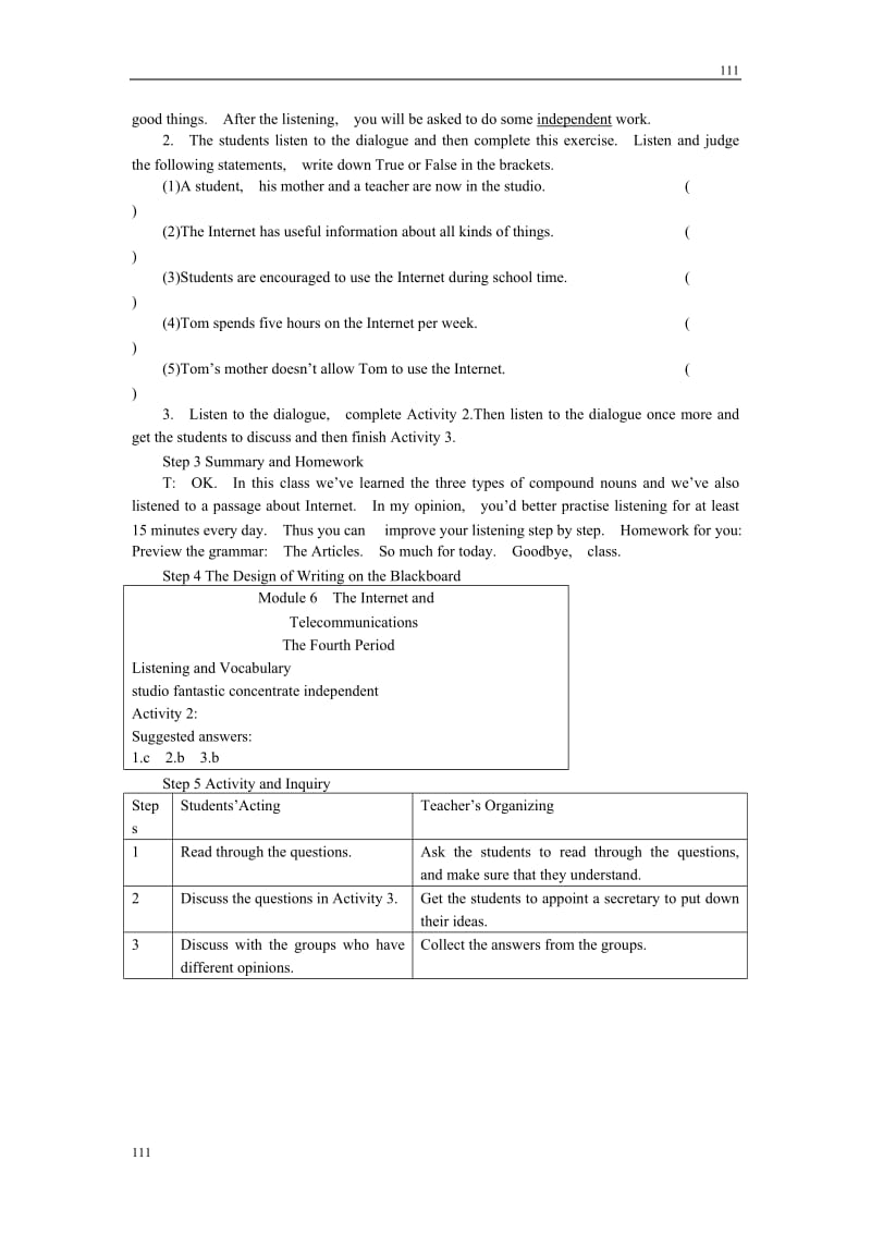 英语外研版必修1 Module6《The Internet and Telecommunications》教案4th period_第2页