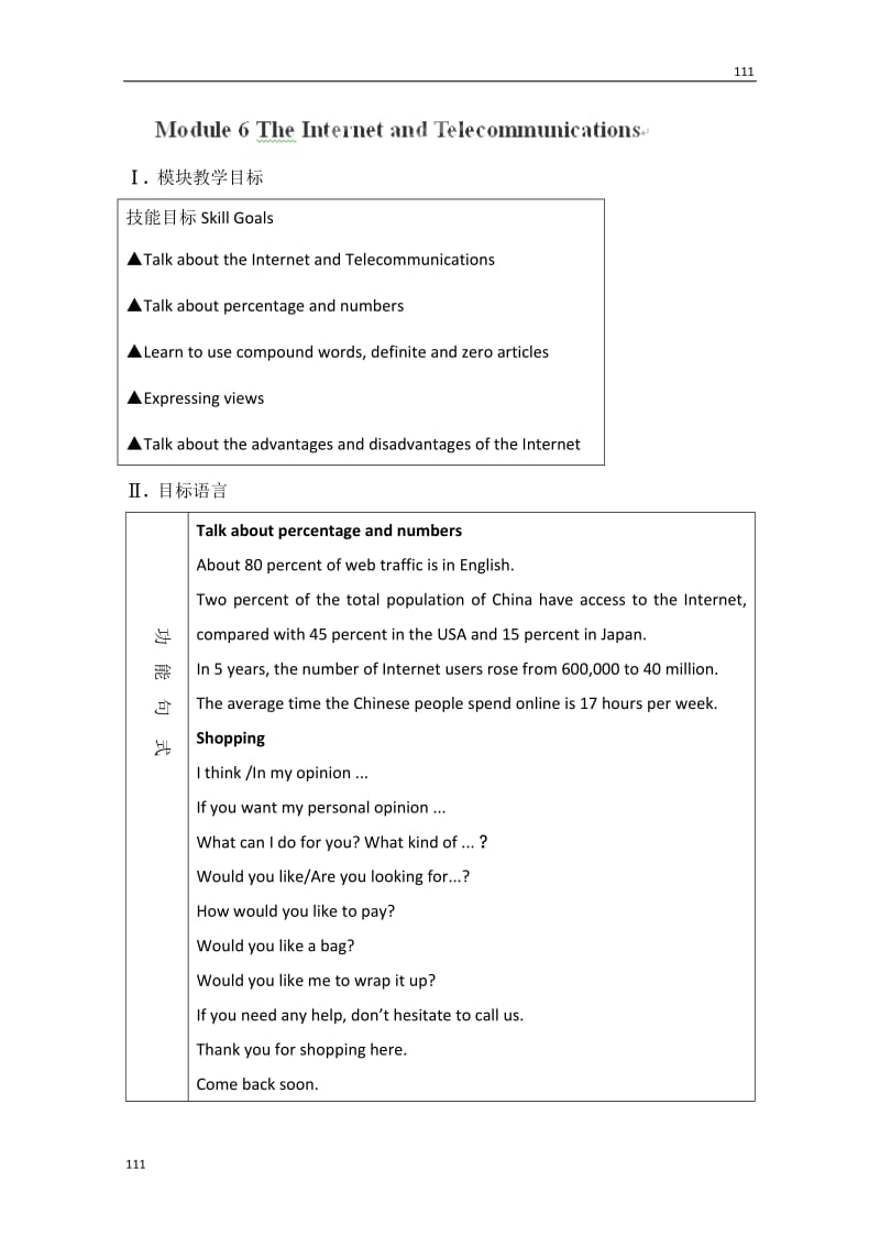 高一英语外研版必修一《Module 6 The Internet and Telecommunications》 The Internet and Telecommuniation教案_第1页