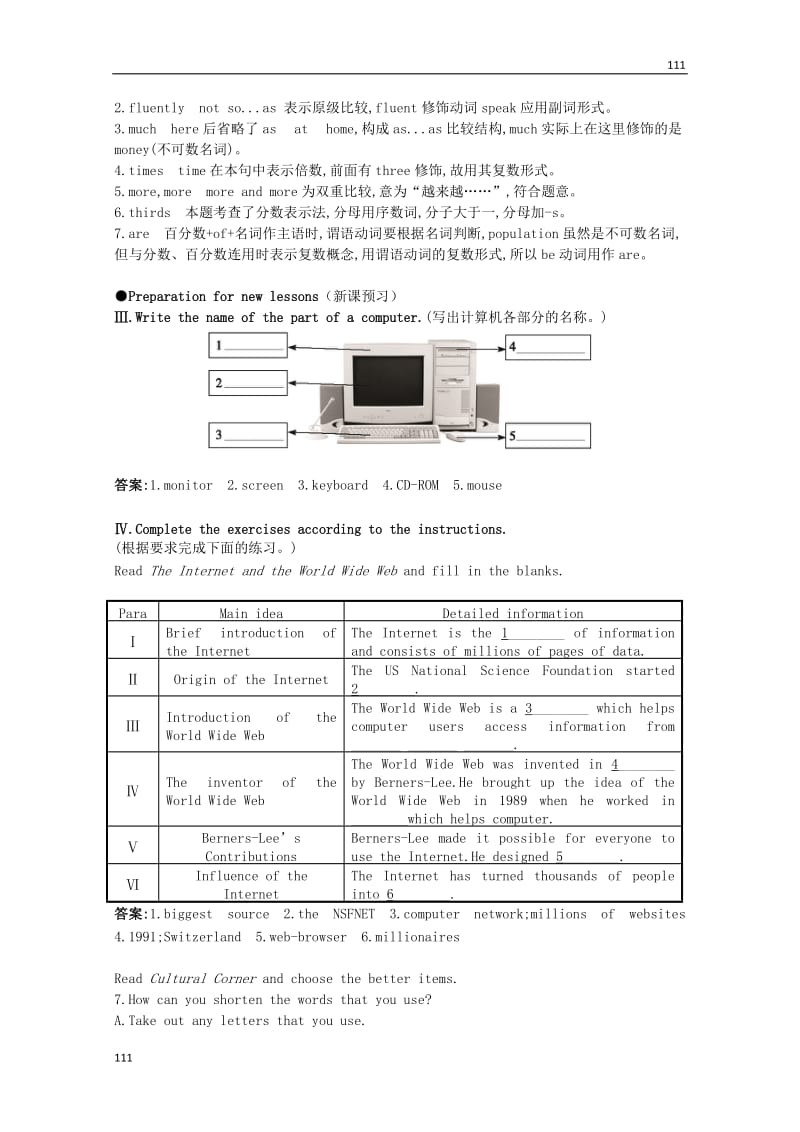 高一英语备课 课前预习训练《Module 6 The Internet and Telecommunications教学素材 外研版必修1_第2页