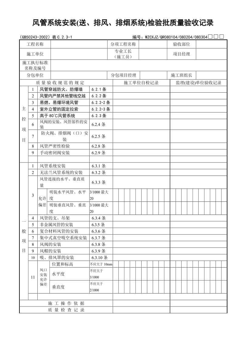 风管系统安装（送、排风、排烟系统）检验批质量验收记录.doc_第1页