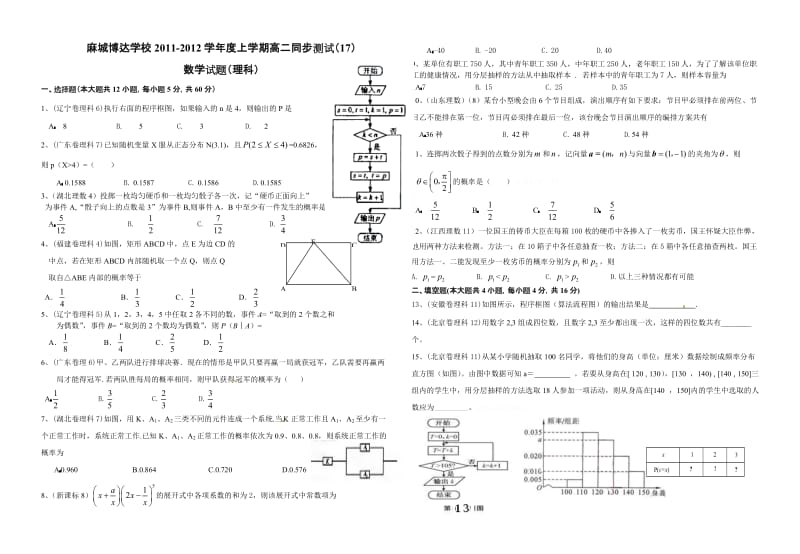 2011-2012年高二数学上期末模拟试题及答案(理科).doc_第1页