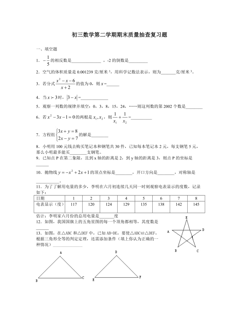 初三数学第二学期期末质量抽查复习题.doc_第1页