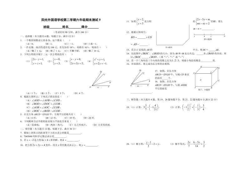 阳光外国语学校第二学期六年级数学期末复习试卷九.doc_第1页