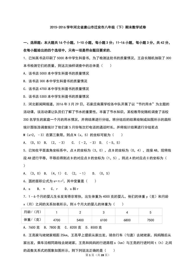 唐山市迁安市2015-2016年八年级下期末数学试卷含答案解析.doc_第1页