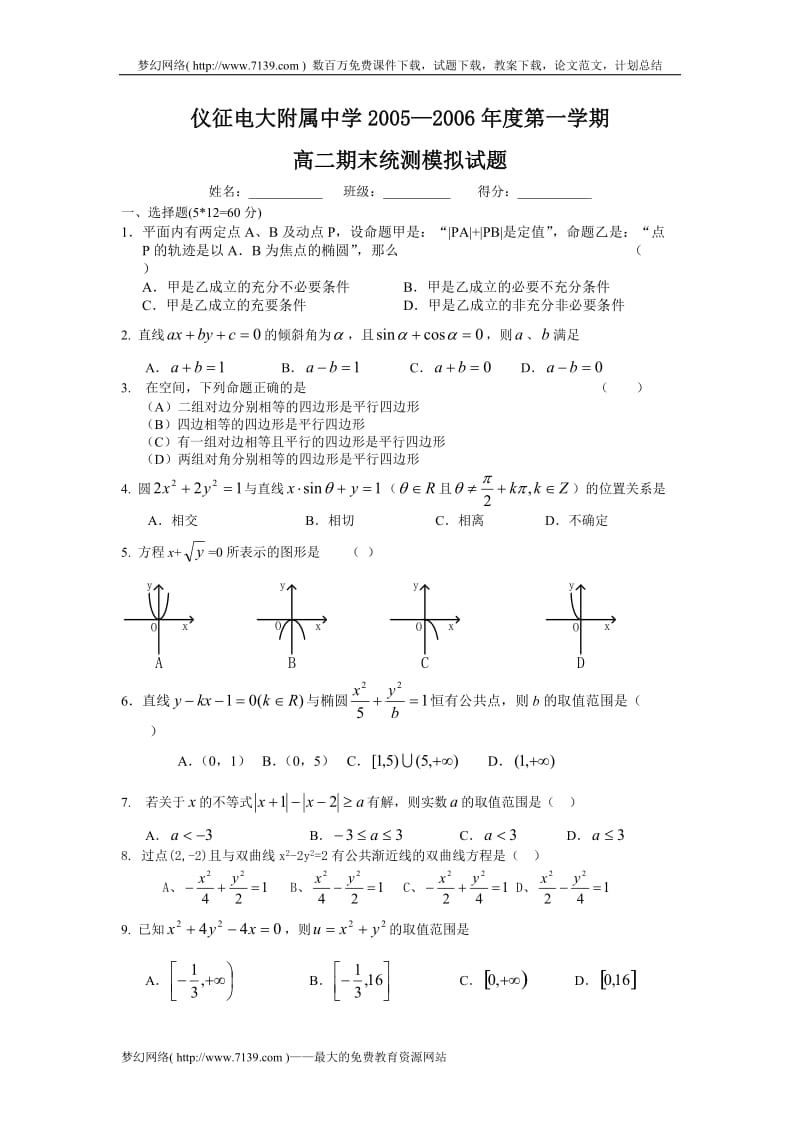 仪征电大附属中学2005—2006年度第一学期高二期末统测模拟试题2006.1.doc_第1页