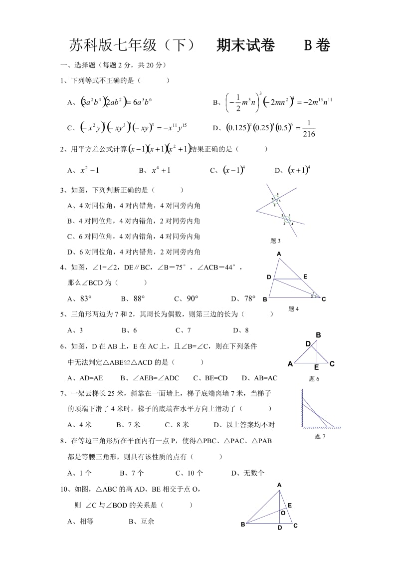 七年级数学下册期末复习题及答案B卷.doc_第1页