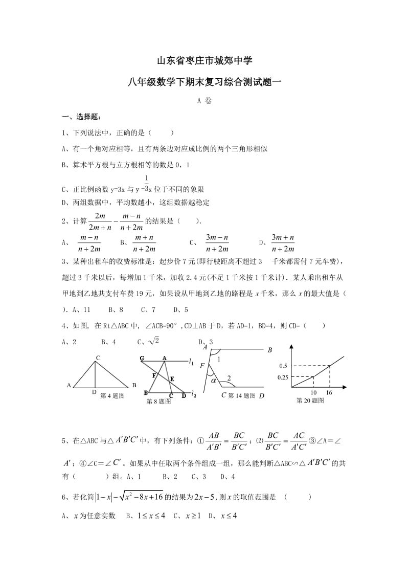 山东枣庄城郊中学2009八年级下期末复习综合测试试卷一--数学.doc_第1页