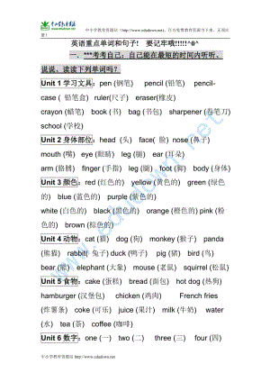 人教新版英語三上 知識點歸納 期末總復習資料.doc