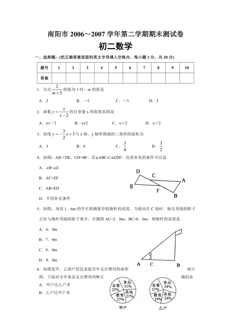 南阳市2006~2007学年第二学期期末测试卷.doc_第1页