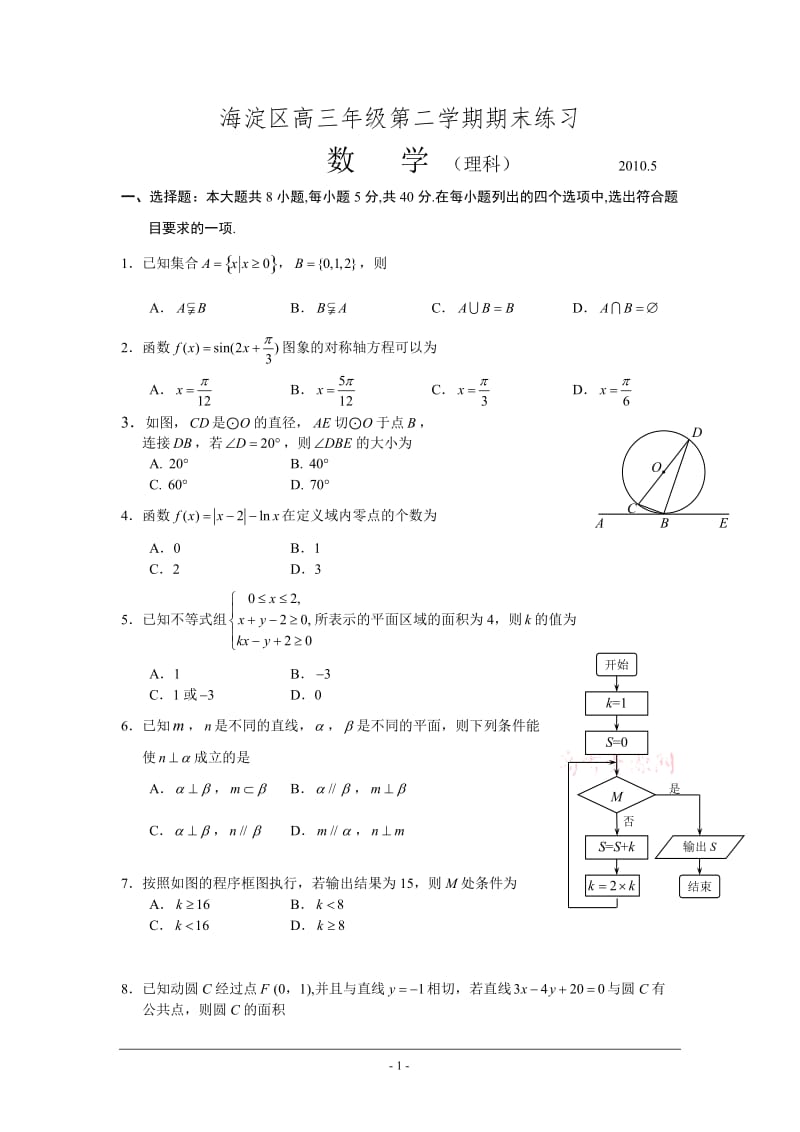 海淀区高三年级第二学期期末练习（数学理Word精编版）.doc_第1页