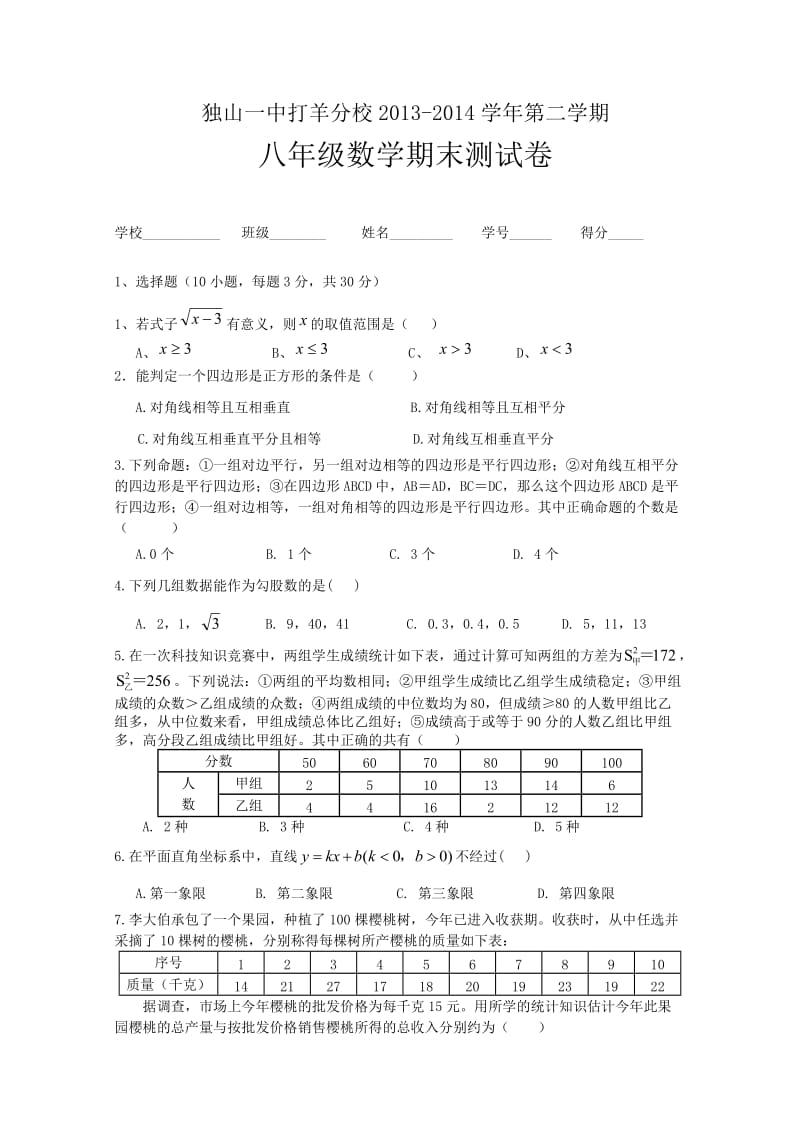 独山一中打羊分校2013-2014学年八年级下数学期末测试卷.doc_第1页