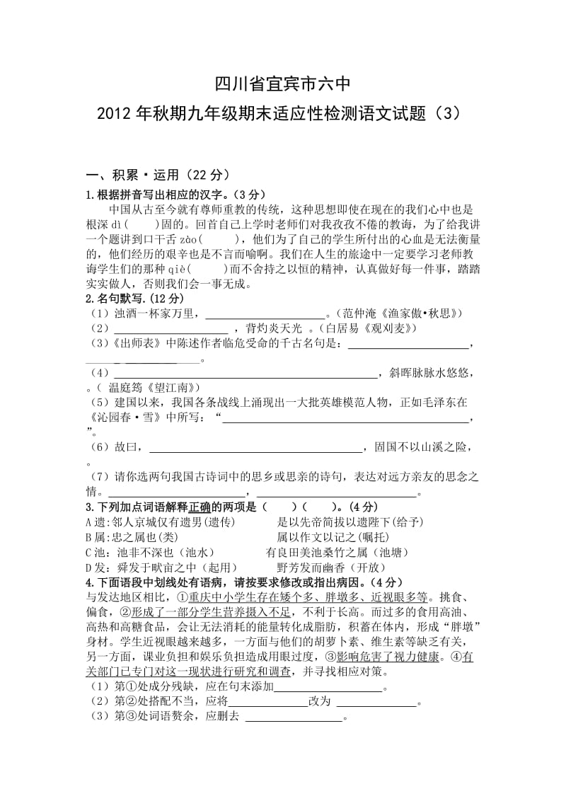 2012年秋期九年级期末适应性检测语文试题及答案（3）.doc_第1页