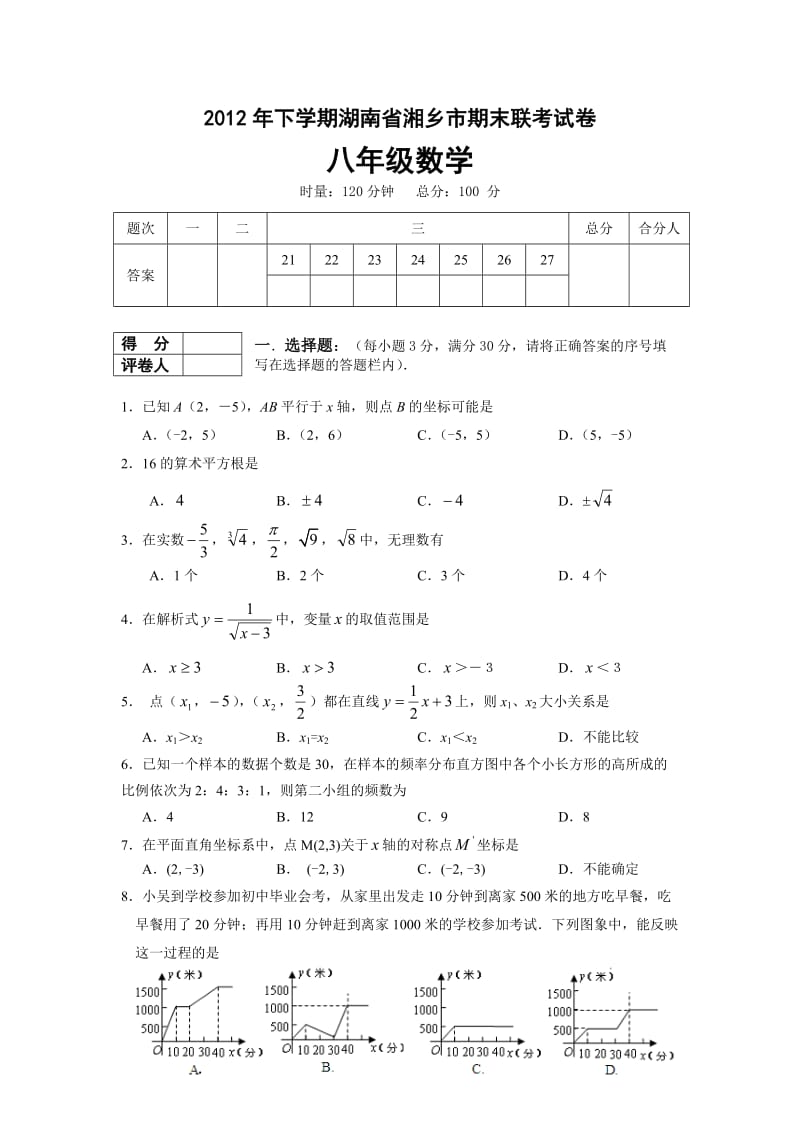 湖南省湘乡市2012-2013学年八年级上学期期末联考数学试题.doc_第1页