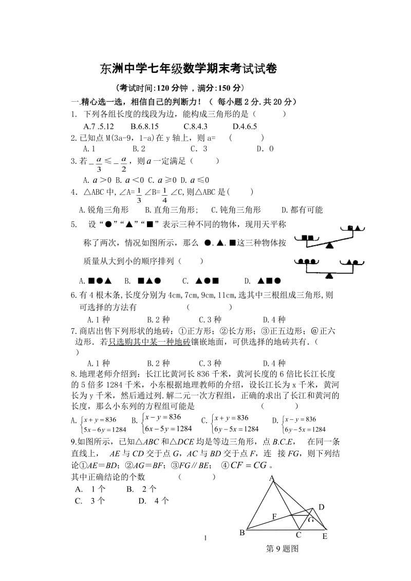 海门市东洲中学七年级期末复习试卷.doc_第1页