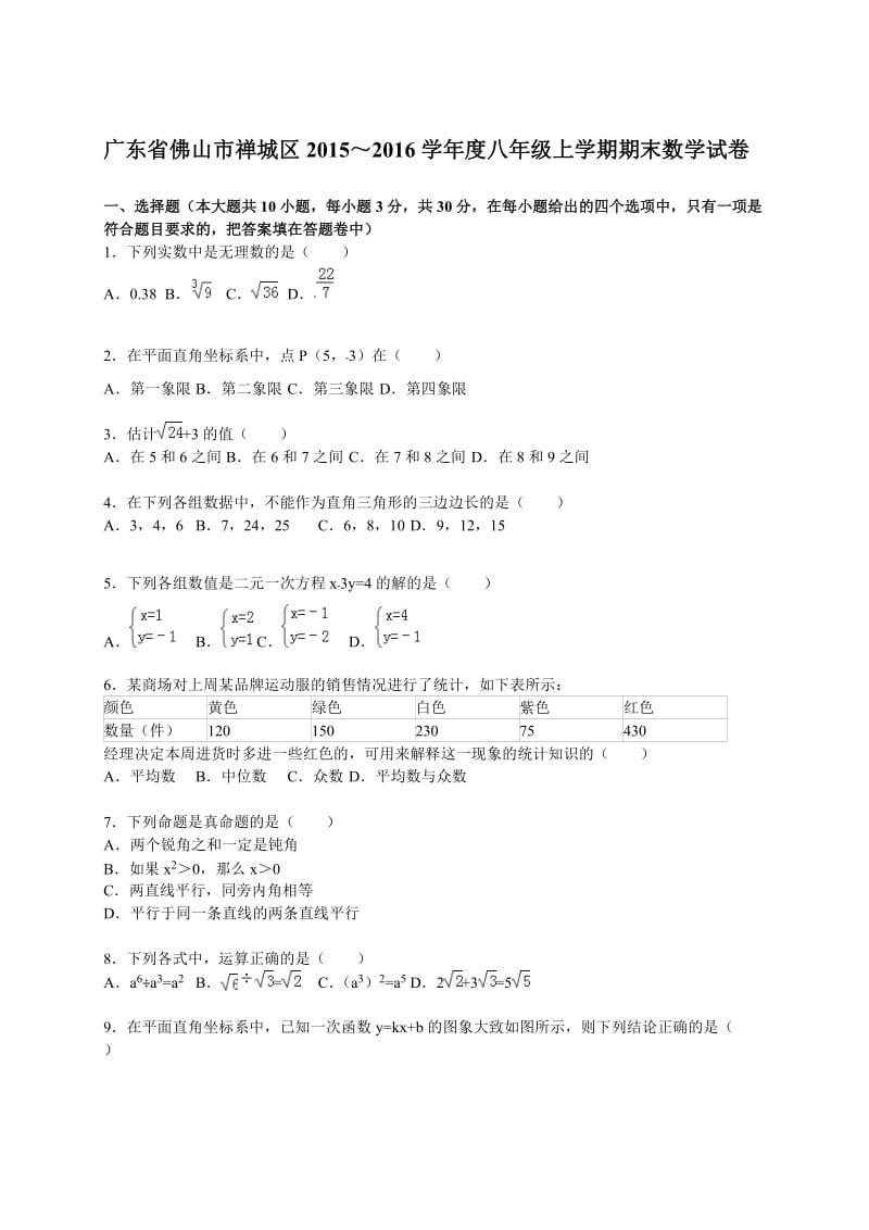 佛山市禅城区2015-2016学年八年级上期末数学试卷含答案解析.doc_第1页