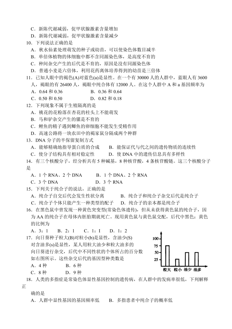 高一年级生物第二学期期末调研考试试题.doc_第2页