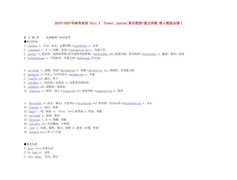 2019-2020年高考英语 Unit 3　Travel journal要点梳理+重点突破 新人教版必修1.doc_第1页