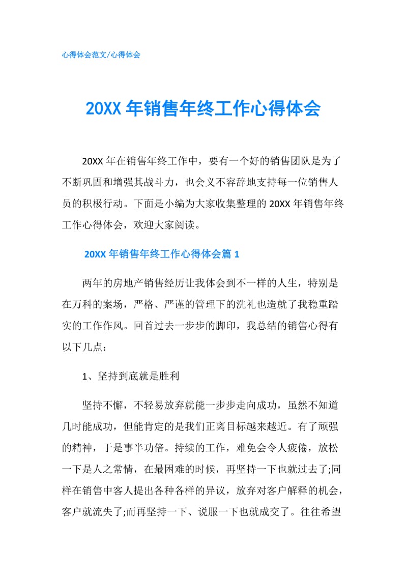 20XX年销售年终工作心得体会.doc_第1页