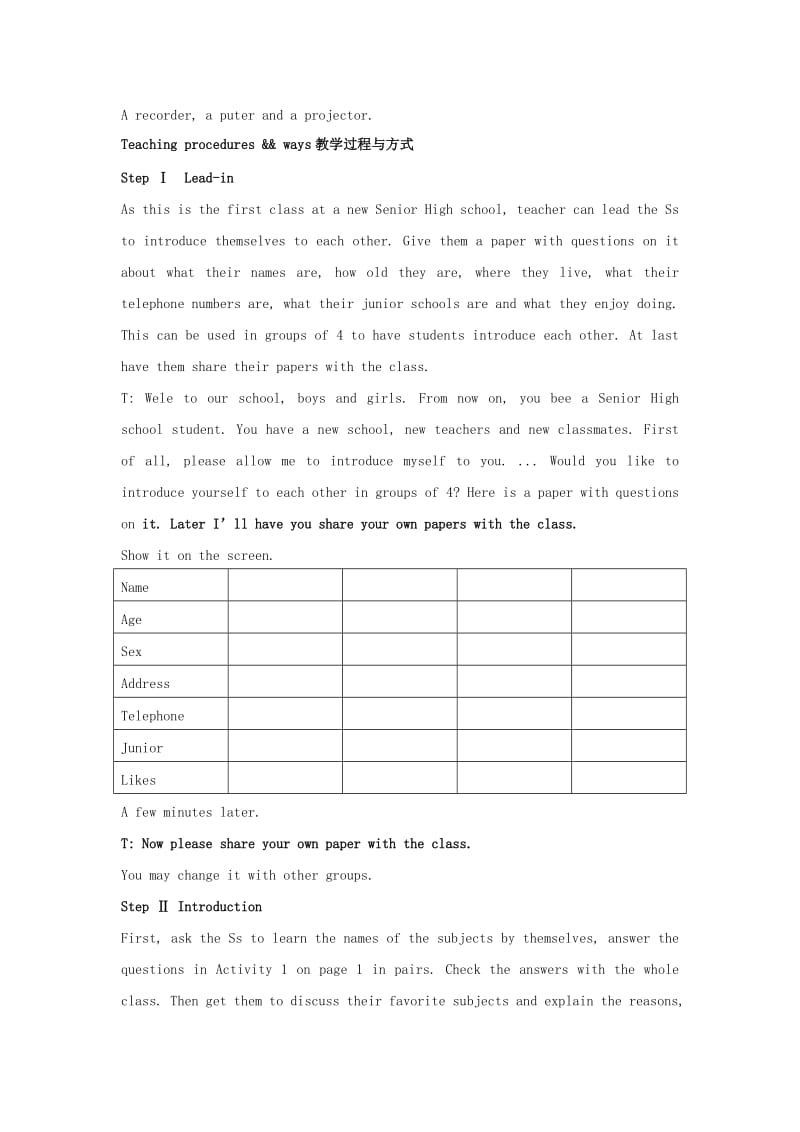 2019-2020年高中英语 Module1The First Period： Reading教案 外研版必修1.doc_第2页