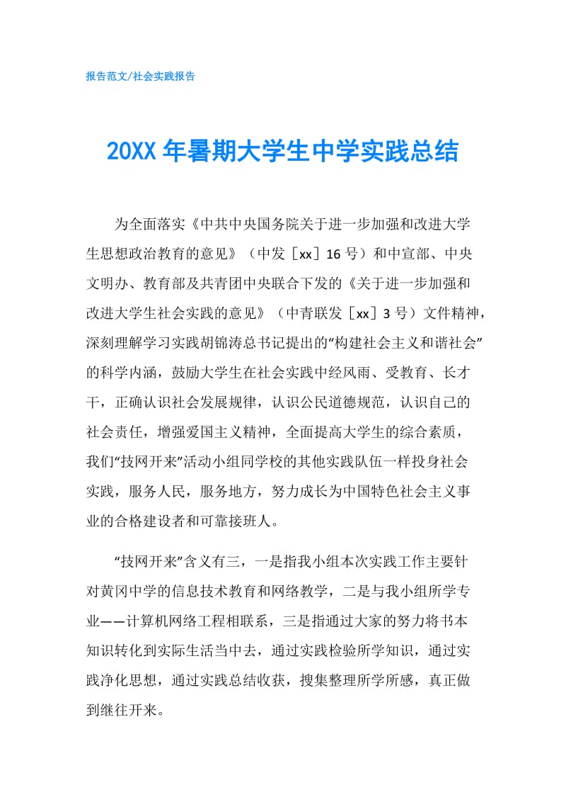 20XX年暑期大学生中学实践总结.doc_第1页