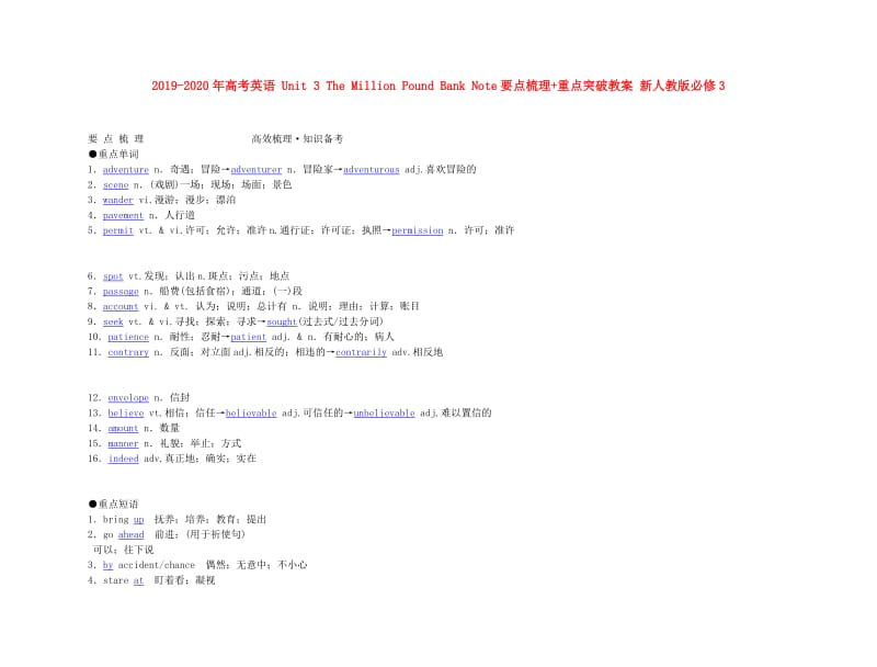 2019-2020年高考英语 Unit 3 The Million Pound Bank Note要点梳理+重点突破教案 新人教版必修3.doc_第1页