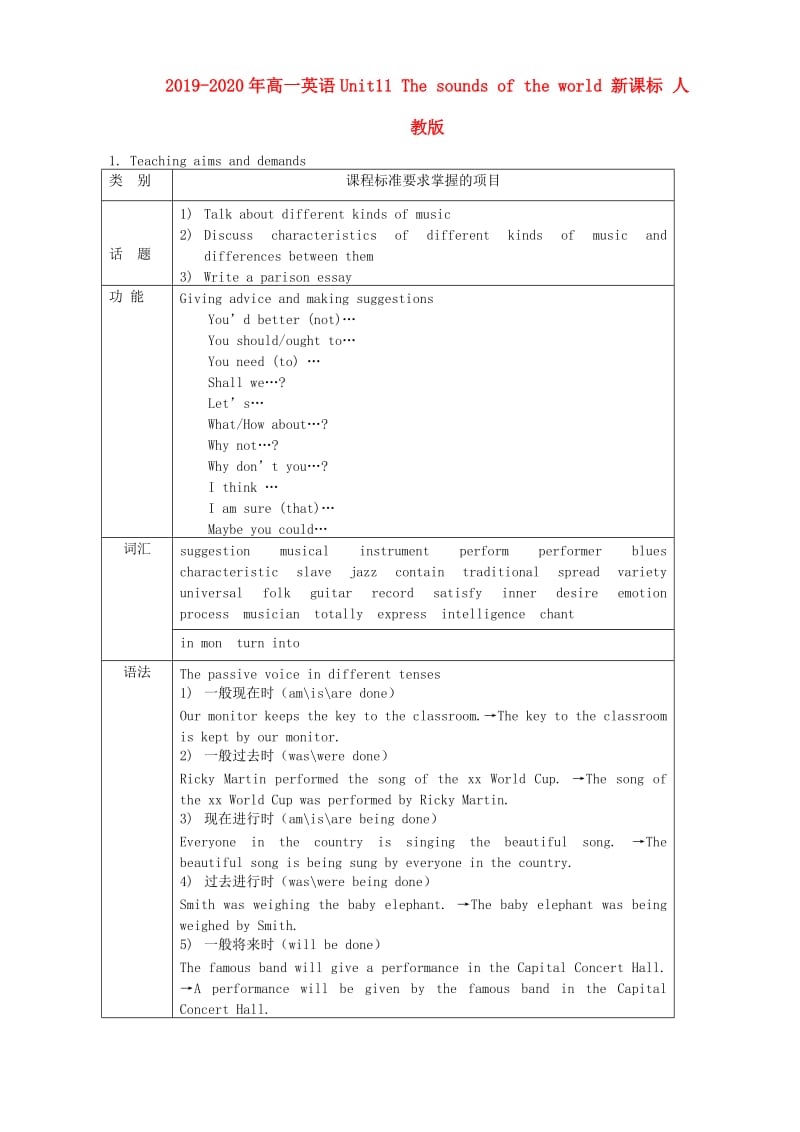 2019-2020年高一英语Unit11 The sounds of the world 新课标 人教版.doc_第1页