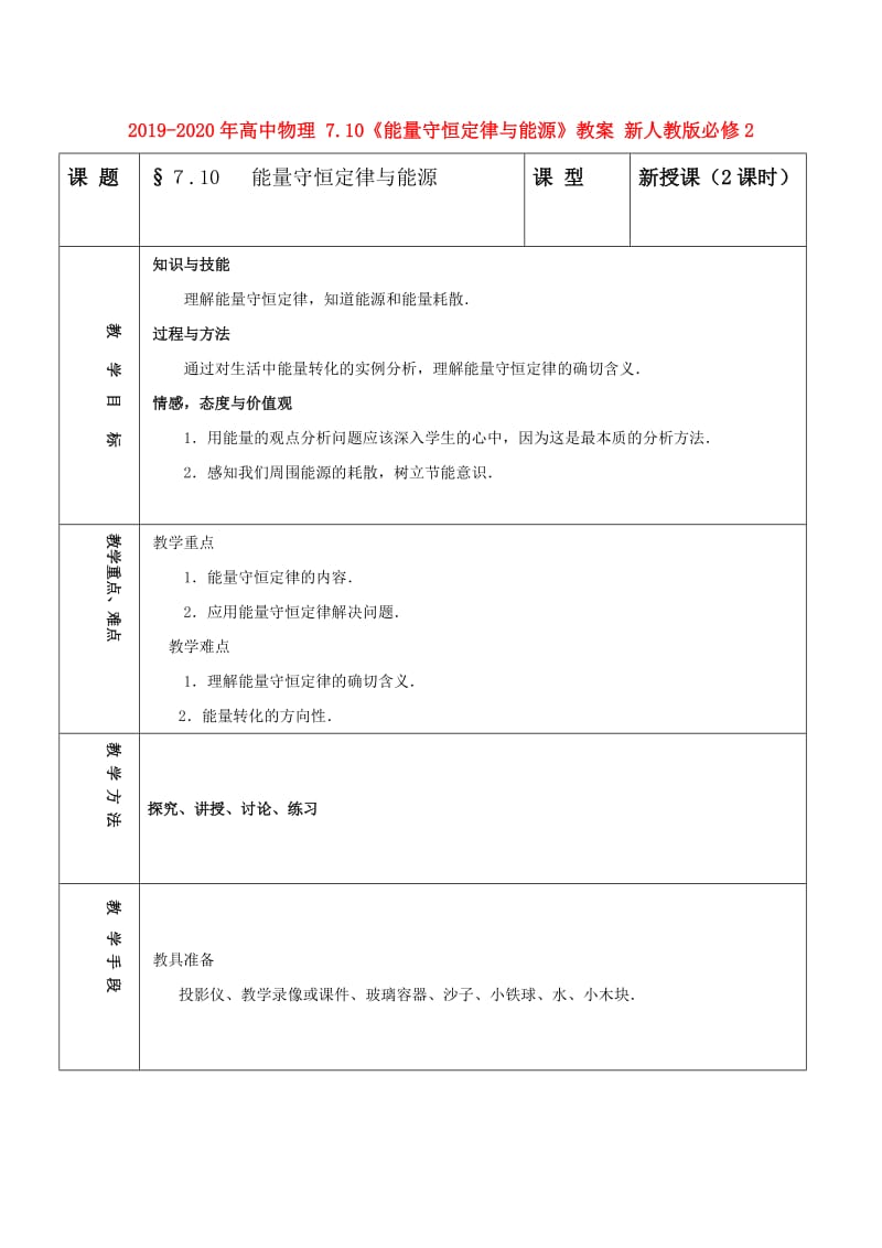 2019-2020年高中物理 7.10《能量守恒定律与能源》教案 新人教版必修2.doc_第1页